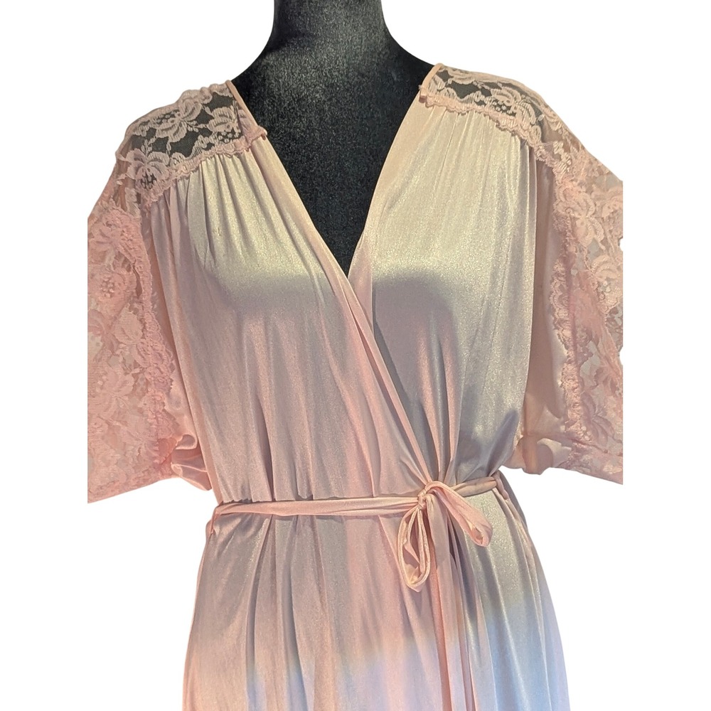 Vintage Kayser Pink Nylon Lace Wrap Robe Maxi Flutter Sleeve Large USA Made